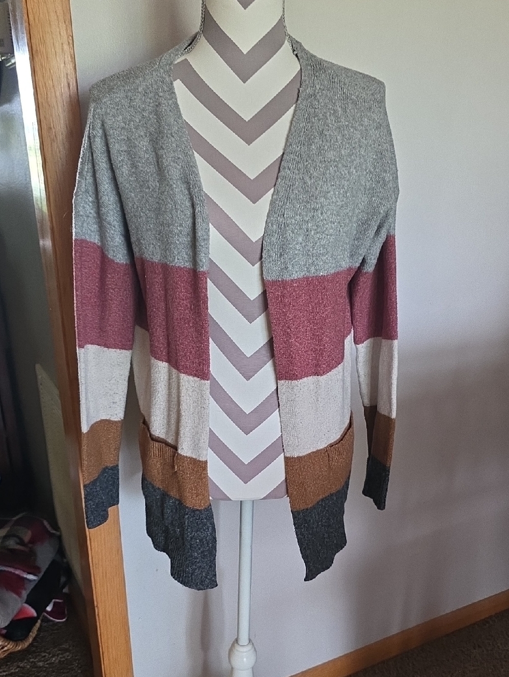 Open-Front Striped Colorblock Cardigan - Gray, Pink, Cream, Brown